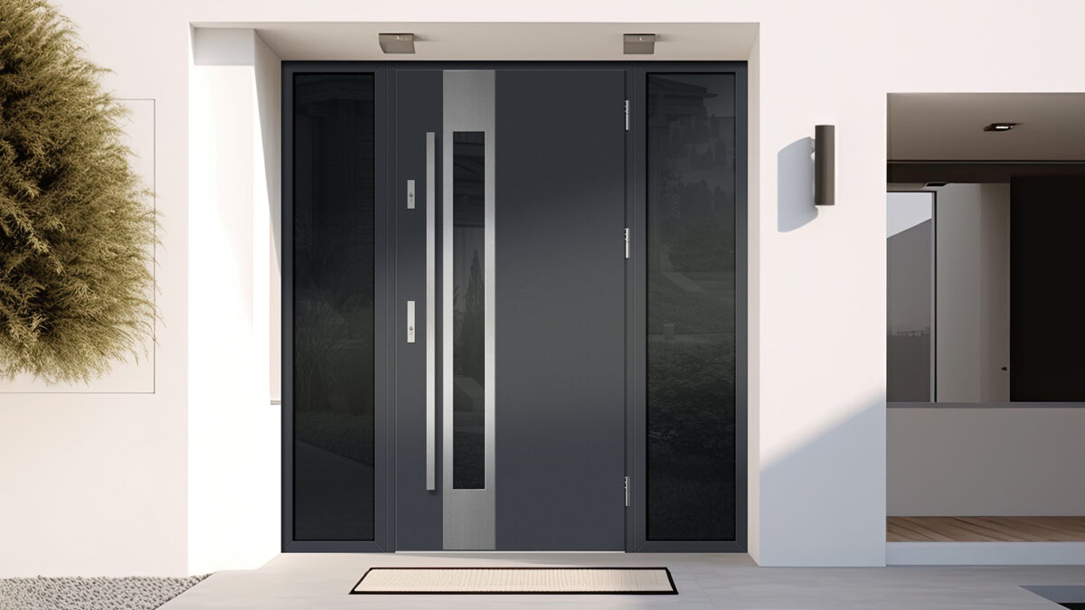 Drzwi stalowe WIENER 3 antracyt jedwabny, label inox szyba grafit